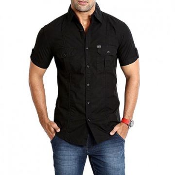 Black Cotton Short Sleeve Casual Shirt - Men	