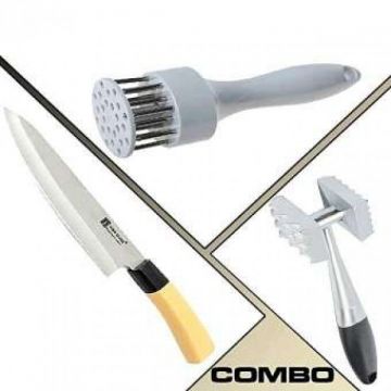 Kitchen Knife and Meat Tenderizer and Meat Hammer Combo - White and Silver
