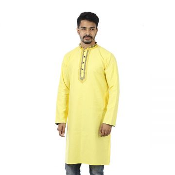 Yellow Solid  Cotton Panjabi For Men 