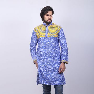 Blue and Yellow  Printed Cotton Panjabi For Men