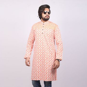 White  and Orange Printed Cotton Panjabi For Men