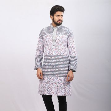 	White and Black  Printed Cotton Panjabi For Men