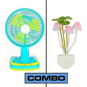 Rechargeable Fan with Light and Mushroom LED Light Combo Set - Blue and Yellow