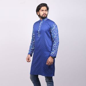 Blue Printed  Cotton Panjabi For Men