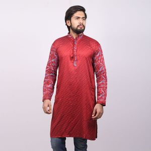 	Red Printed  Cotton Panjabi For Men