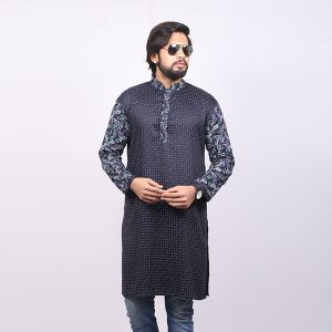 Black Printed  Cotton Panjabi For Men