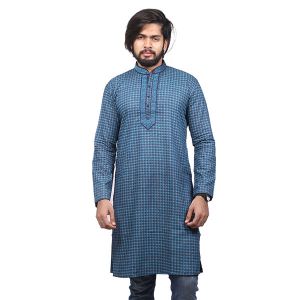 Teal Printed Cotton Panjabi For Men 