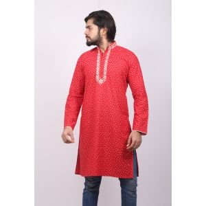 	Red Printed Cotton Panjabi For Men 