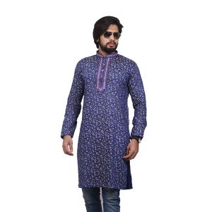 Blue Printed Cotton Panjabi For Men 