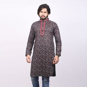 	Black and Red Printed Cotton Panjabi For Men 