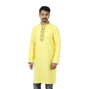 Yellow Solid  Cotton Panjabi For Men 