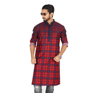 Black and Red Printed Cotton Panjabi For Men 