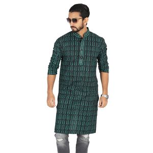 Blue  Printed Cotton Panjabi For Men 