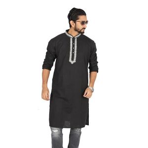 Black  Solid Cotton Panjabi For Men 