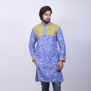Blue and Yellow  Printed Cotton Panjabi For Men