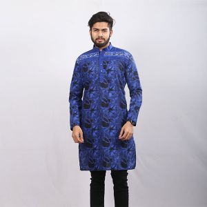 Blue Printed Cotton Panjabi For Men
