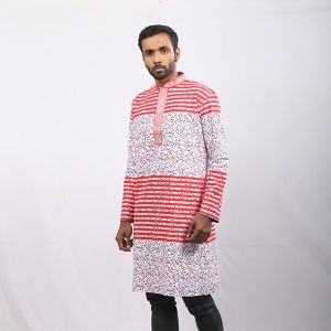 White and Red  Printed Cotton Panjabi For Men