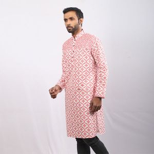 White and Red  Printed Cotton Panjabi For Men
