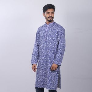 Blue Printed  Cotton Panjabi For Men
