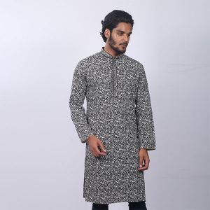Black Printed  Cotton Panjabi For Men
